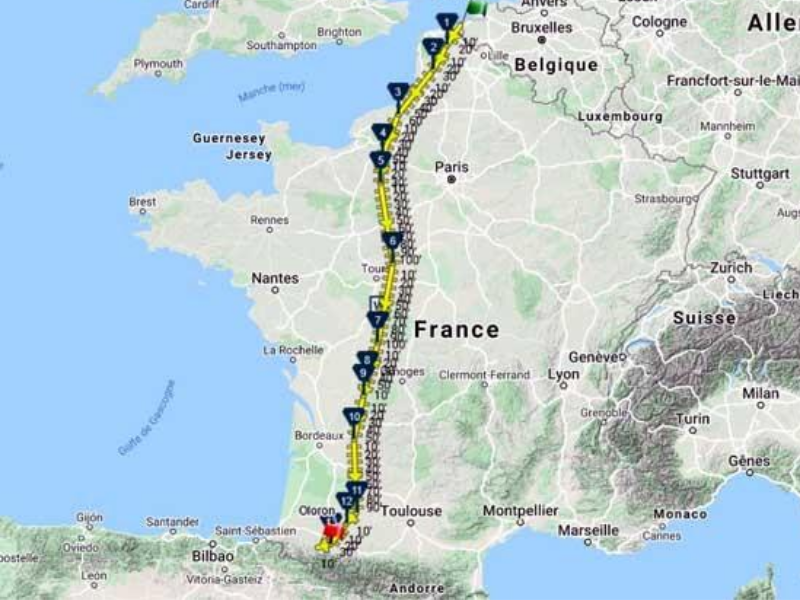 Blaise and Jean-Claude's route, from Dunkerque to Oloron Ste Marie